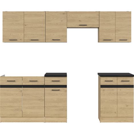 Cuisine complète 240 cm,Ensemble de meuble de cuisine coloris Chêne berstein, plan de travail noir inclus (1/3)
