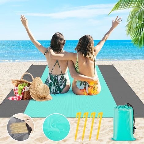 Couverture Pique Nique 210 x 200 cm,Tapis de Plage Pliable, Couverture de Plage sans Sable, Natte de Plage en Plein air pour Pique-Nique, Plage, Camping(Vert Lac/Gris Foncé)
