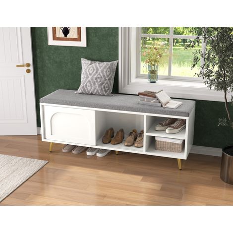 Zapatero con banco y cojín, 121 x 35 x 49 cm, blanco OKMYHOME (1/5)