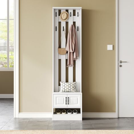 bellebio-Banc à chaussures, meuble à chaussures, meuble d'entrée, avec 2 portes, avec panneau arrière à 8 crochets, blanc, L50/P36/H190cm (L×P×H) (1/5)