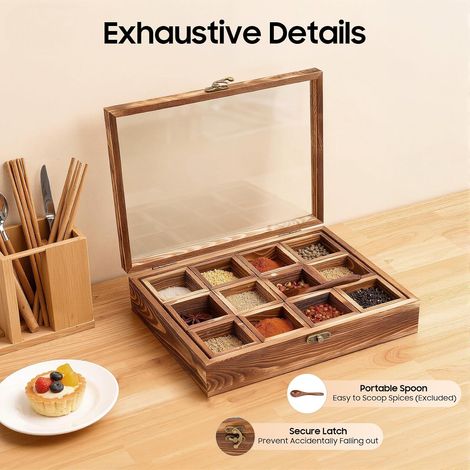 Wooden Spice Box, Household Spice Set, Wooden Spice Storage Box, 12 Piece Set, Suitable for Kitchens, Dining Rooms, Tea Houses and Similar Settings (1/5)