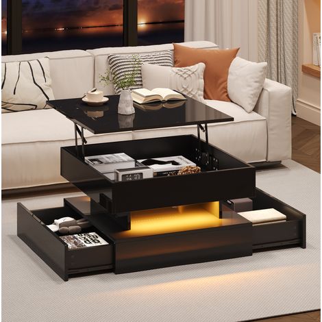 Mesa de centro elevable 65 x 65 x 38,5 cm con LED, 2 cajones, almacenaje oculto, negra HAVRYA (1/5)