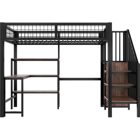 Letto a soppalco 90 x 200 cm in metallo e MDF con scrivania, scaffali e armadio, nero (1/5)