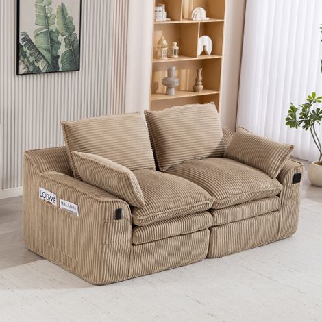 Modulares 2-Sitzer Cordsofa – mit Kissen und zwei verschieden großen Seitentaschen, 3‑lagiger Schaumstoff + Federkern für schnelle Rückfederung. Ideal für Wohnzimmer, Büro und mehr.Khaki