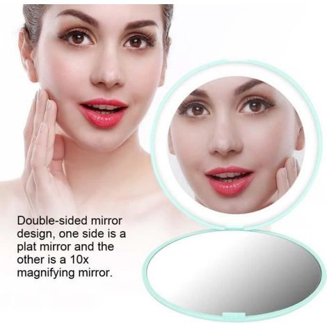 Miroir De Maquillage - Double Face Plat Et Grossissant 10X - Avec 12 LED - Portable Poche - 90 X 18,5 Mm - Vert (1/4)