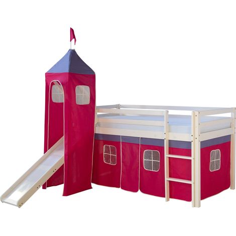 Lit mezzanine 90x200cm avec échelle toboggan en bois blanc et toile rouge incluse LIT06151 (1/5)