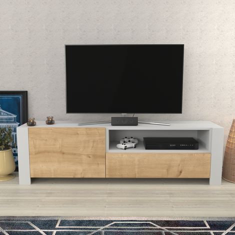 Piedmont 160 cm meuble TV armoires battantes et niche (blanc et chêne)