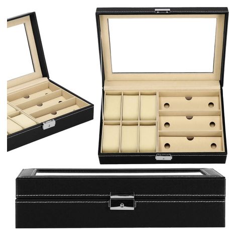 Scatola per orologi 30x20x8cm, organizer nero-crema con scomparti in ecopelle.