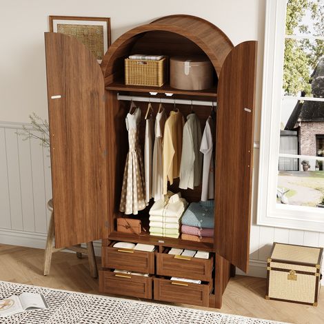 Armadio guardaroba 180 cm stile vintage rustico, armadio in legno con ante curve in rattan, barra appendiabiti e 4 cassetti, mobile per camera, colore noce