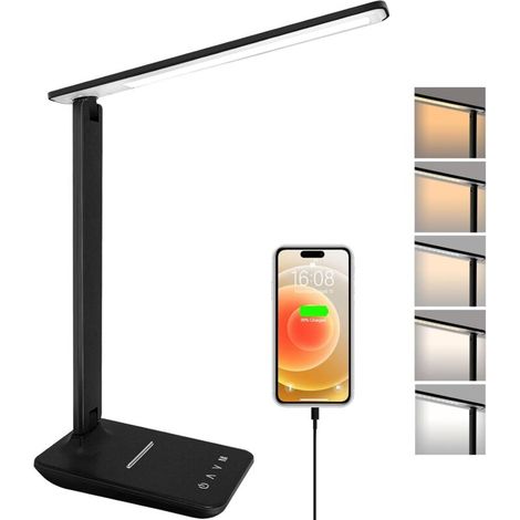 Lampe de Bureau LED, Pliable Lampe de Chevet Dimmable avec 5 Modes de Couleur et 5 Niveaux de Luminosité, Port de Charge USB, Pour Lecture Travail (Noir) (1/3)