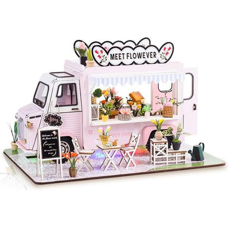 Kit de Maison Miniature DIY avec LED, Maison de Jardin en Bois 3D à Construire, Décor de Noël Cadeau Créatif Adulte Adolescent, Chariot à Fleurs (1/5)