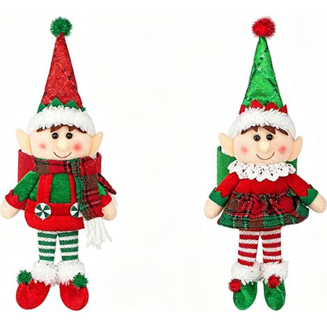 Adornos navideños colgantes para ventanas, elfos, adornos navideños de peluche con gorros brillantes, paquete de 2 (1/5)