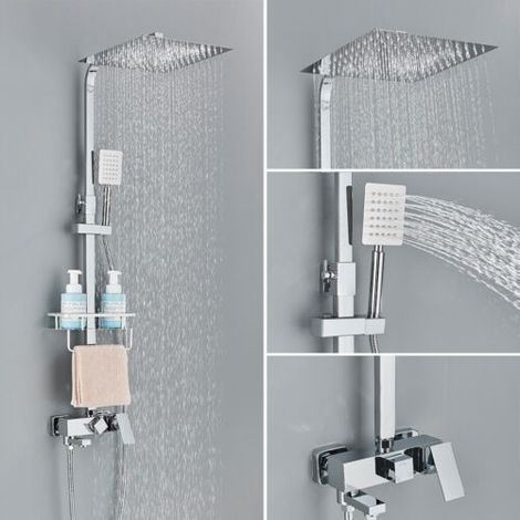 Colonne de Douche laiton ,Système de Douche Réglable Hauteur Montage Mural Ensemble de Douche avec 25cm 25cm Haute Pression Tête de Douche, étagère, Douchette à Mains, Robinet de Baignoire (1/5)