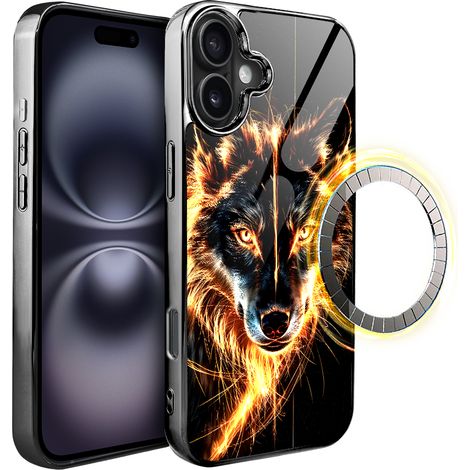 Coque en verre ibizu Elite pour iPhone 16 avec MagSafe, dos en verre, Fire Wolf, chrome noir (1/5)