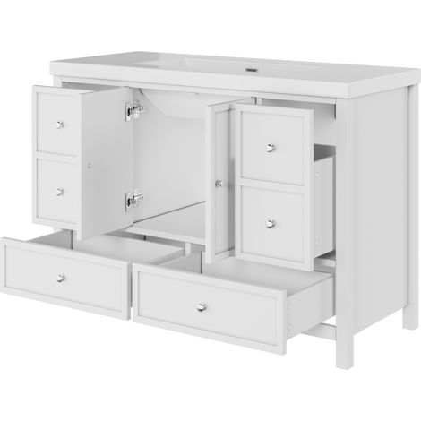 120×50×86,5 cm – Grand meuble-lavabo de salle de bains autoportant de 120 cm de large, surface laquée, quatre tiroirs silencieux, doubles portes avec fermeture douce, vasque intégrée en résine – Blanc