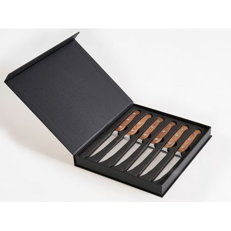 Steak Knife Set Brown Stainless Steel 6 Pieces with Elegant Box Meat Knives Serrated Blade Traditional Design NAGANO