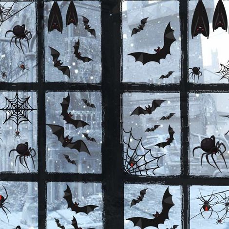 113 Pièces Décorations de Fête d'Halloween Autocollants de Fenêtre en Verre d'Araignée de Chauve-Souris Noire pour Fournitures de F (1/5)