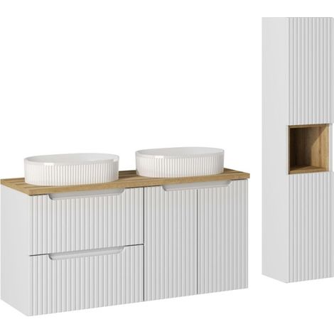 Ensemble Salle de bain Meuble double vasques + plateau effet chêne 120 cm + Colonne - A portes + tiroirs - Astral Blanc - Livraison gratuite