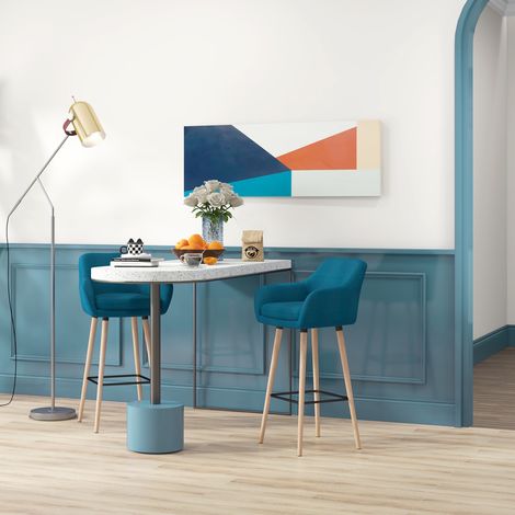 Tabourets de Bar Design scandinave - Bois massif Lin bleu - Lot de 2 tabourets de Bar Grand Confort avec Repose-Pieds et accoudoirs