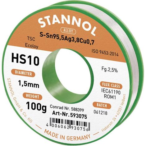 Stannol HS10 2510 Étain à souder sans plomb bobine Sn95,5Ag3,8Cu0,7 ROM1 100 g 1.5 mm (1/5)