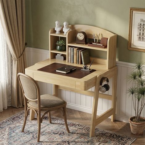 Kinderschreibtisch höhenverstellbar mit Schublade und Stauraum, 80x60 cm, Massivholz Schreibtisch für Kinder ab 6 Jahren, Naturholz (1/5)