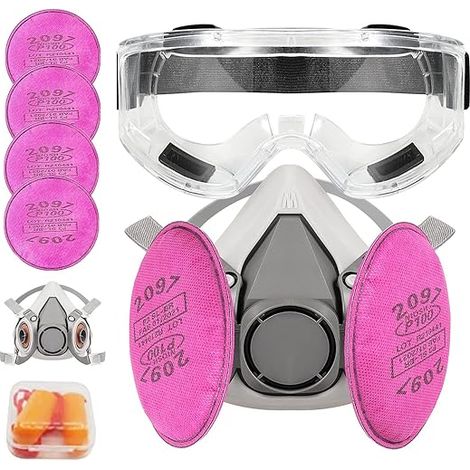 Wiederverwendbare Halbgesichtsmaske mit 4 Filtern (2097) und Schutzbrille, Gehörschutzstöpsel für Malerarbeiten, Staub, Chemikalien, Epoxidharz, Schneiden, Polieren, Rot