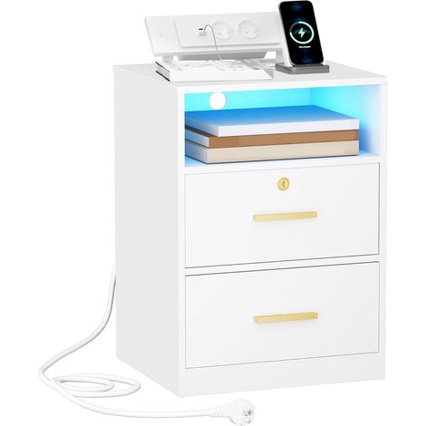 Table de Chevet avec Multiprise, Table d'Appoint avec Bande LED, Table de Nuit avec 1 Espace Ouvert 2 Tiroirs, pour Chambre à Coucher, Salon, Moderne, Blanc (1/5)