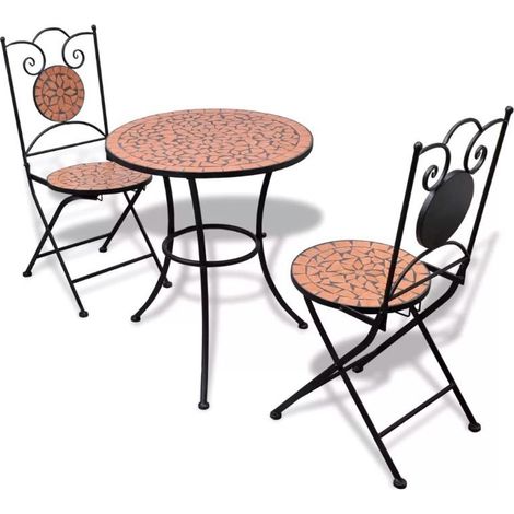 Table ronde et 2 chaises de jardin mosaïquées noir et marron Mel (1/5)