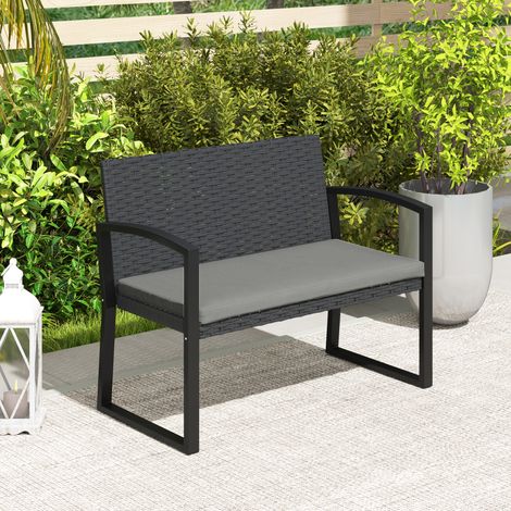 Panchina da giardino a 2 posti, panchina da esterno in resina PE intrecciata con cuscino, acciaio zincato, 103x58x78 cm, grigio e nero