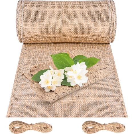 Chemin de table en toile de jute - 20 cm x 10 m - 100 % naturel - Avec 20 m de ficelle de jute - Pour mariage, fête à la ferme, décoration de table rustique - Beige (1/5)