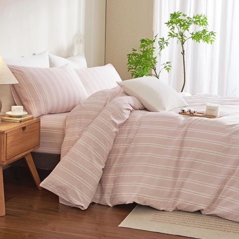 Housse de Couette Rayée 220x240cm Rose Blanc Motif Rayures Rayée Parure de Lit en Microfibre 2 Personnes Ado Adultes Sets de Housse Couette Avez Fermeture Éclair et 2 Taies d'oreiller 65x65cm