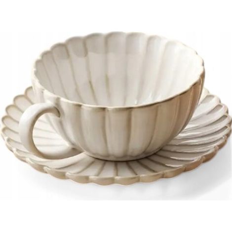 Set elegante Tasse und Untertasse für Tee und Kaffee Keramik weiß groß (1/5)