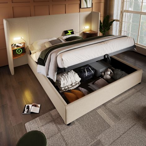 Polsterbett Doppelbett 160×200 mit Nachttisch, Leselampe und USB Type-C Ladefunktion, Bettanlage Stauraumbett Bettgestell mit Lattenrost aus Massivholz und Metall, Beige, Leinen(Ohne Matratze) (1/5)