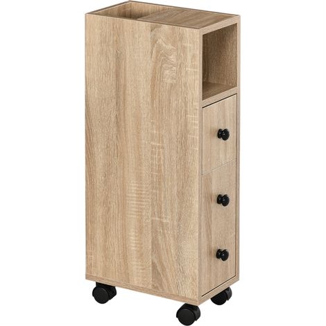Chariot de Salle de Bain à Roues avec Étagère Ouverte, Tiroir et Armoire, en Bois, 18x30x68,5 cm, Couleur Chêne (1/5)