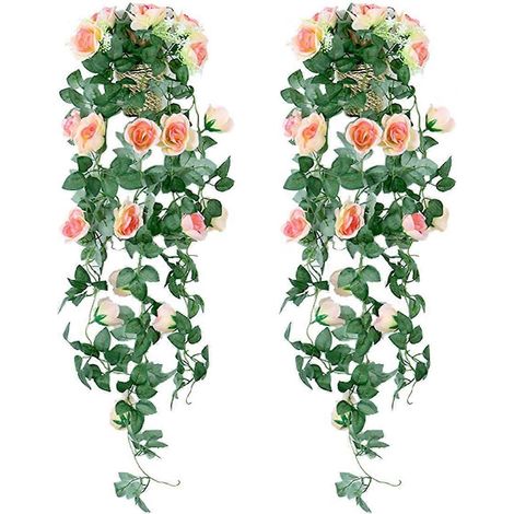 Plantes artificielles suspendues - Guirlande de roses artificielles en soie, lierre en rotin pour décoration murale de jardin, mariage (Lot de 2 - Champagne) (1/4)