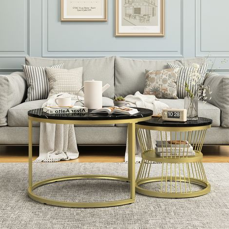 Tables Basses Gigognes - Lot de 2,scandinave - avec double espace de rangement, Coussinets anti-rayures, structure métal, MDF, motif marbre - noir (1/4)