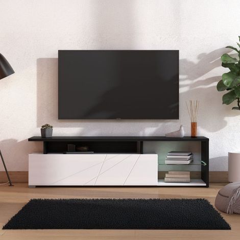 Mobile Porta tv Induno, 6 Ripiani, Un'anta, Dettaglio Geometrico, Ripiano in Vetro, 170x41.5x46.5h cm Bianco (1/5)