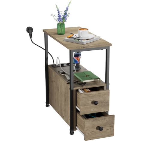 Table d'Appoint & Meuble Entrée Style Industriel – 2 Tiroirs + Étagère avec 2 Prises/USB – Organisation Multifonction 30x60x61cm (1/5)