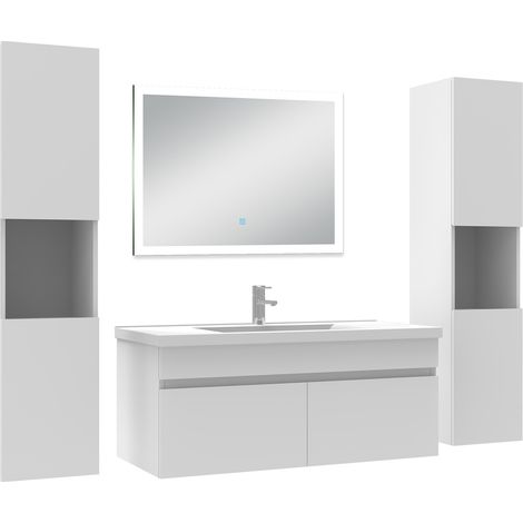 Ocean Ensemble meuble Salle de Bain 100cm avec colonne et miroir lumineux blanc