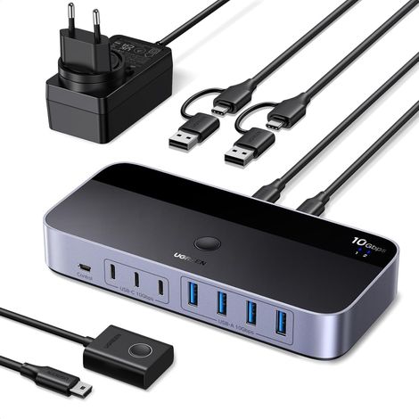 Switch USB C 3.2 10Gbps Commutateur KVM 2 PC Entrées Partagent 7 Sorties Périphériques USB 4A3C pour Clavier Souris Disque Dur Imprimante Scanner Microphone avec Adaptateur Secteur DC 12V (1/5)