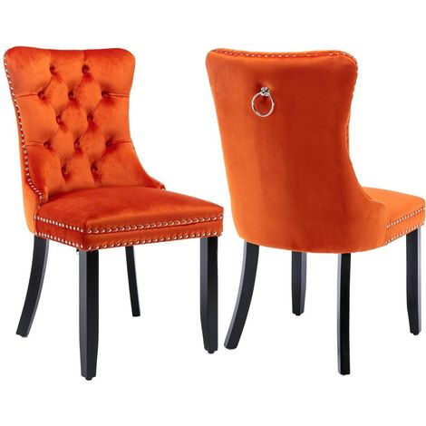 Samt Esszimmerstühle 2er Set Orange mit hoher Rückenlehne und Massivholzbeinen (1/5)