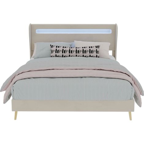 Lit Double LED Réglable 140 x 200 cm en Tissu et Métal, Tête de Lit Réglable, Sans Matelas, Beige (1/5)
