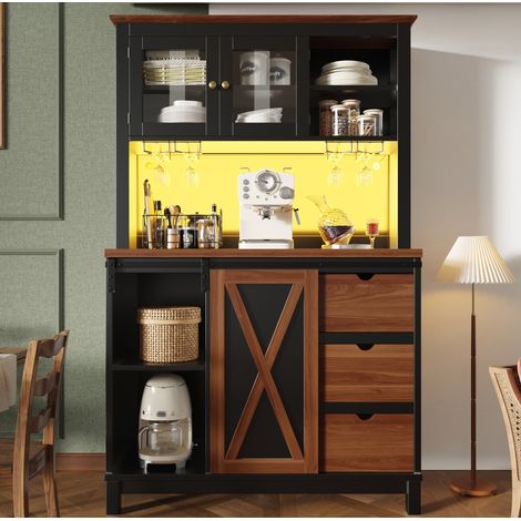 Armario alto de cocina 104x40x180 cm negro en vidrio, MDF y metal con LED, puerta corredera y estantes ajustables (1/5)