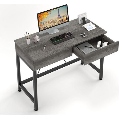 Bureau moderne avec 2 tiroirs en bois, table d'ordinateur pour petit espace, chêne gris (1/5)