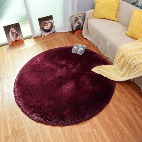 Tapis de Salon Moderne, Tapis de Chambre Rond Super Doux Moelleux Velours Tapis d'intérieur Moelleux Doux Cheveux Longs Coussin de Chaise décoratif Coussin de canapé (vin Rouge, 120x120cm)-Ensoleillé