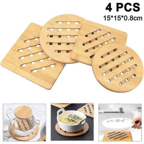 Lot de 4 dessous de verre en bambou naturel lavable et résistant à la chaleur, avec égouttoir (1/5)