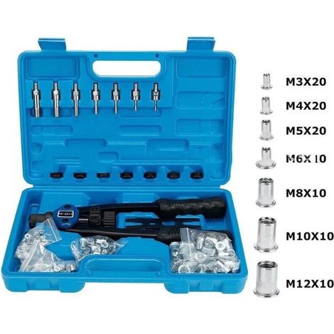 Kit d'installation d'écrou avec 100 mandrins métriques assortis M3/M4/M5/M6/M8/M10/M12 et étui de transport moulé (1/5)