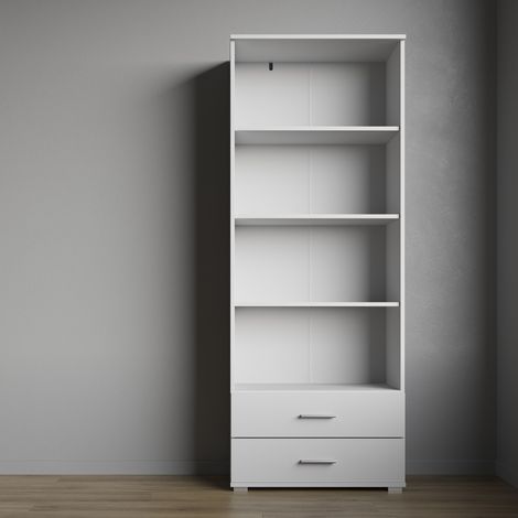 Étagère FAUSKE - 2 Tiroirs - Blanc - Largeur 69 cm, Hauteur 180 cm, Profondeur 34 cm (1/4)