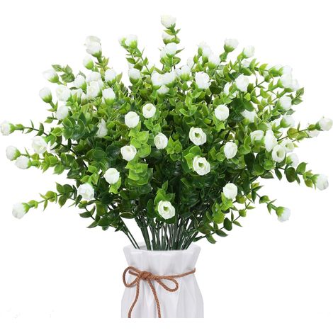 ZOLGINAH 8pcs Fleurs Artificielles Extérieures Résistantes Aux UV 35cm Feuilles D'eucalyptus Artificielles avec Fleurs Plastique Blanc Arbuste pour Noël Vase Intérieur Jardinière Clôture Table Mariage (1/5)