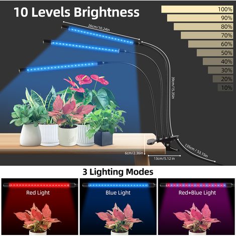 4-köpfige LED-Pflanzenlampe zum Anklemmen mit Vollspektrum (380-780 nm), Aluminium-PC, 10 % bis 100 % dimmbar, 3/9/12-Stunden-Timer für Zimmerpflanzen (1/3)